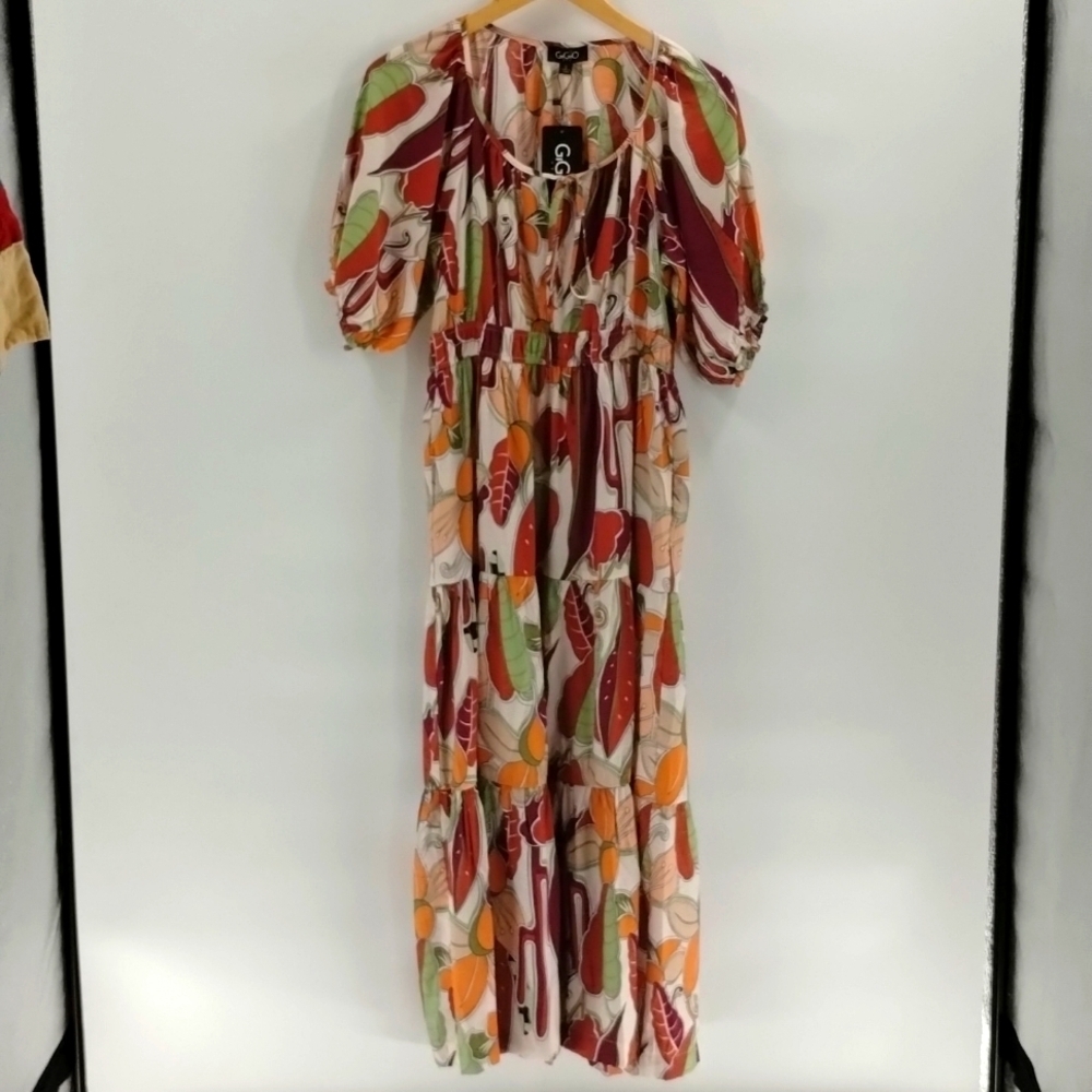 GiGio midi dress leaf fall color print tiered dress size small puff sleeve